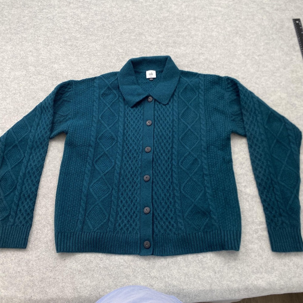 Cabi Cardigan Sweater Womens Large Blue Cable Knit Collared Button Front Stretch